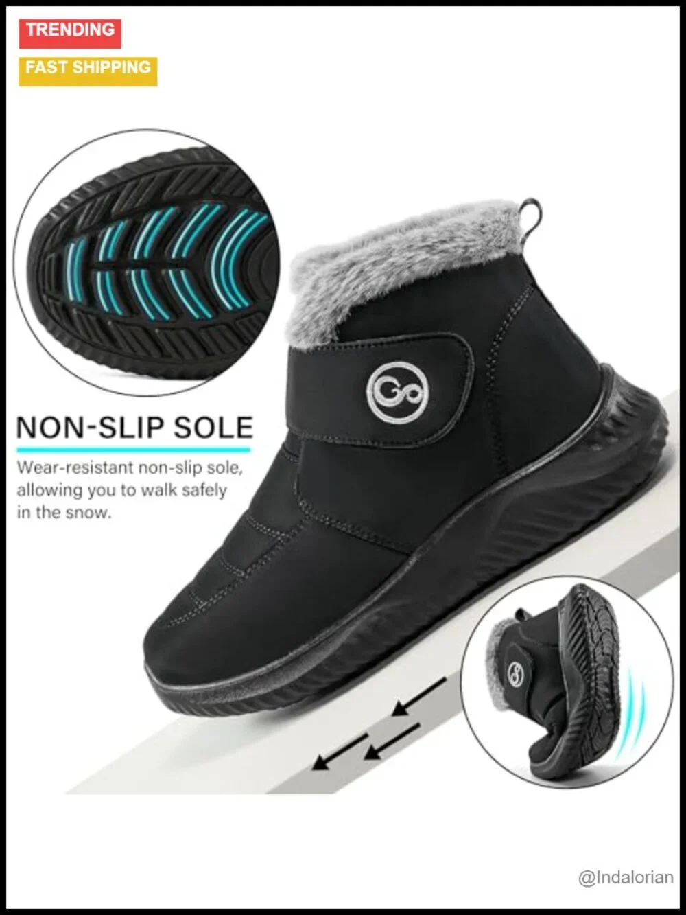Waterproof Fur Lined Winter Snow Boots Hook & Loop Closure Non Slip